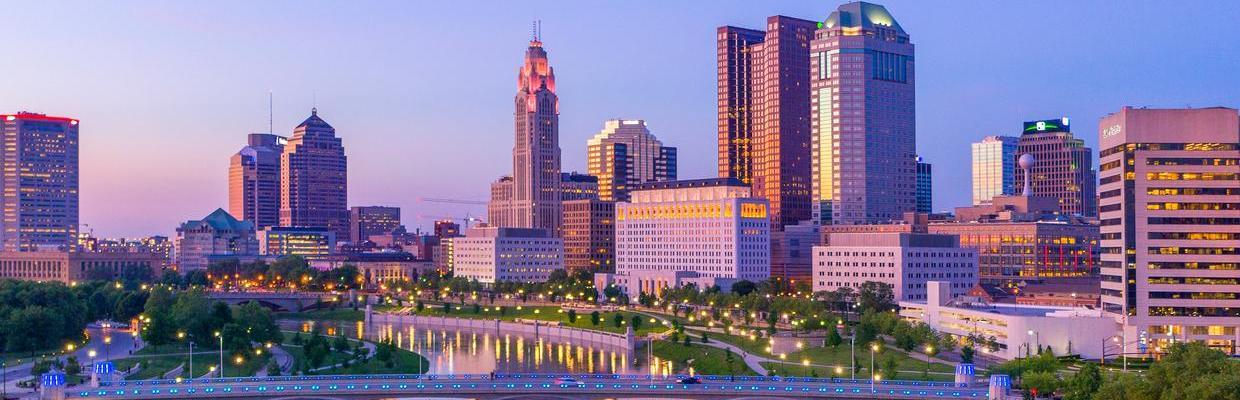 Columbus skyline in purple and pink hues